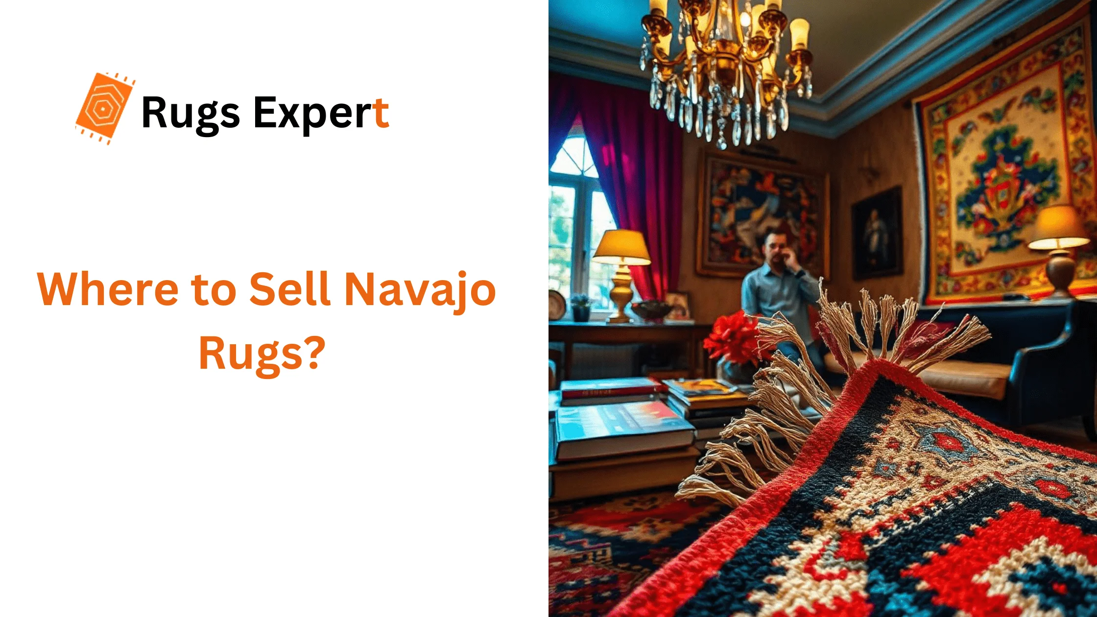 text "where to sell Navajo rugs" and a beautiful navajo rug in the beautiful living room