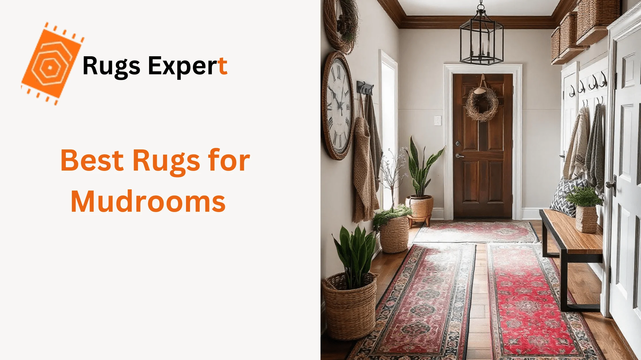 Text "best rugs for mudrooms" and beautiful rugs in the well decorated hallway.
