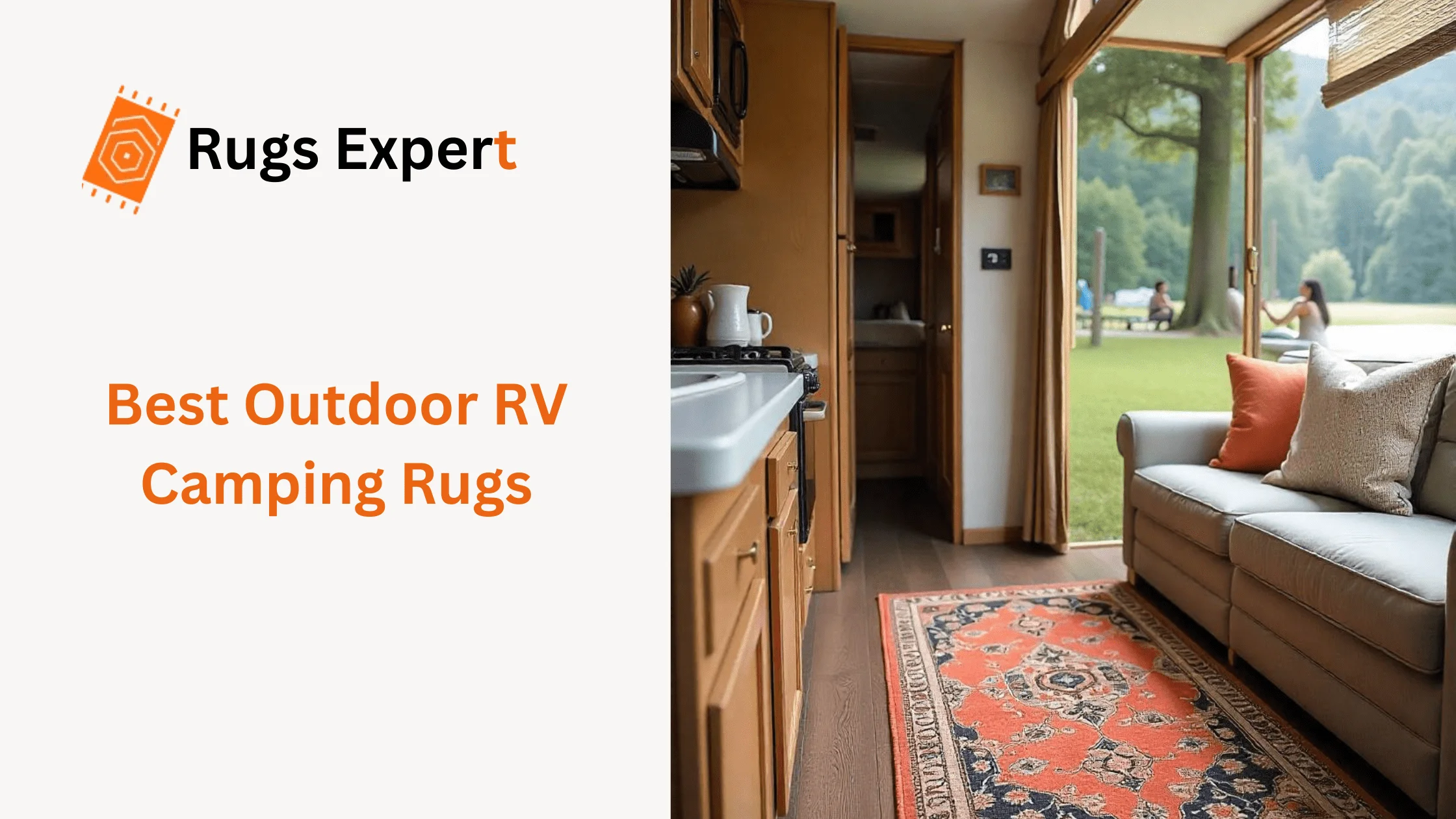 Text "best outdoor RV camping rugs" and a beautiful RV Camping in the park