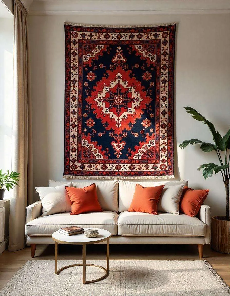 A Persian rug which is hanging on the wall of living room