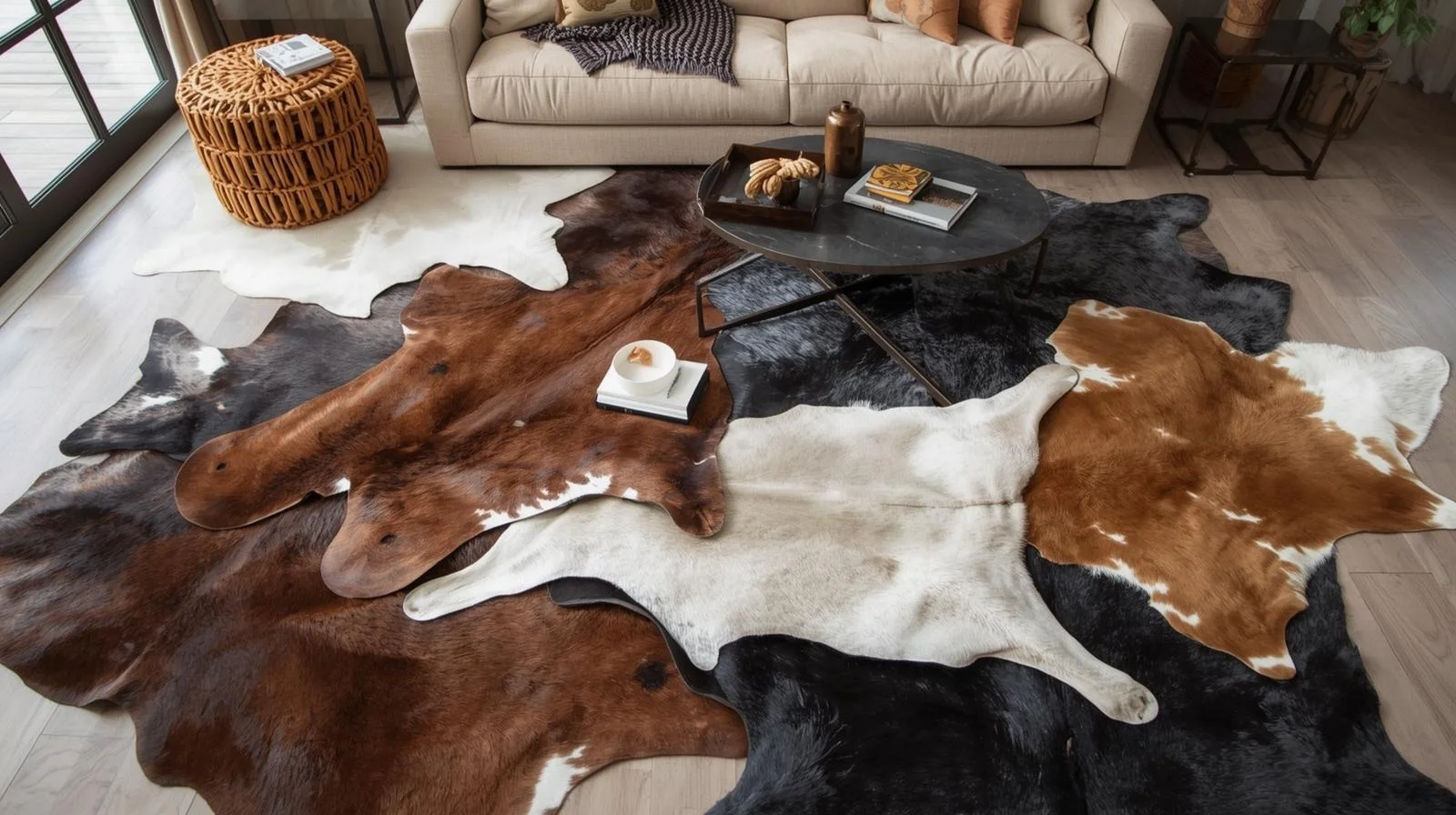 overlapping layered cowhide rug living room